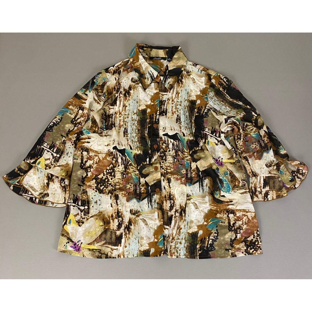 Essentials by Milano Blouse Button Down Top Women's‎ 1X Abstract Flared Sleeve